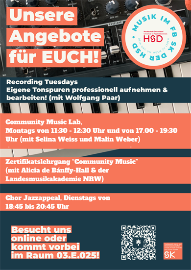 Der Musikbereich bietet verschiedene Dinge an. Man kann eigene Tonspuren aufnehmen, das Community Music Lab besuchen, es gibt einen Zertifikatslehrgang und einen Chor "Jazzappeal" Dienstags von 18:45 bis 20:45 Uhr 